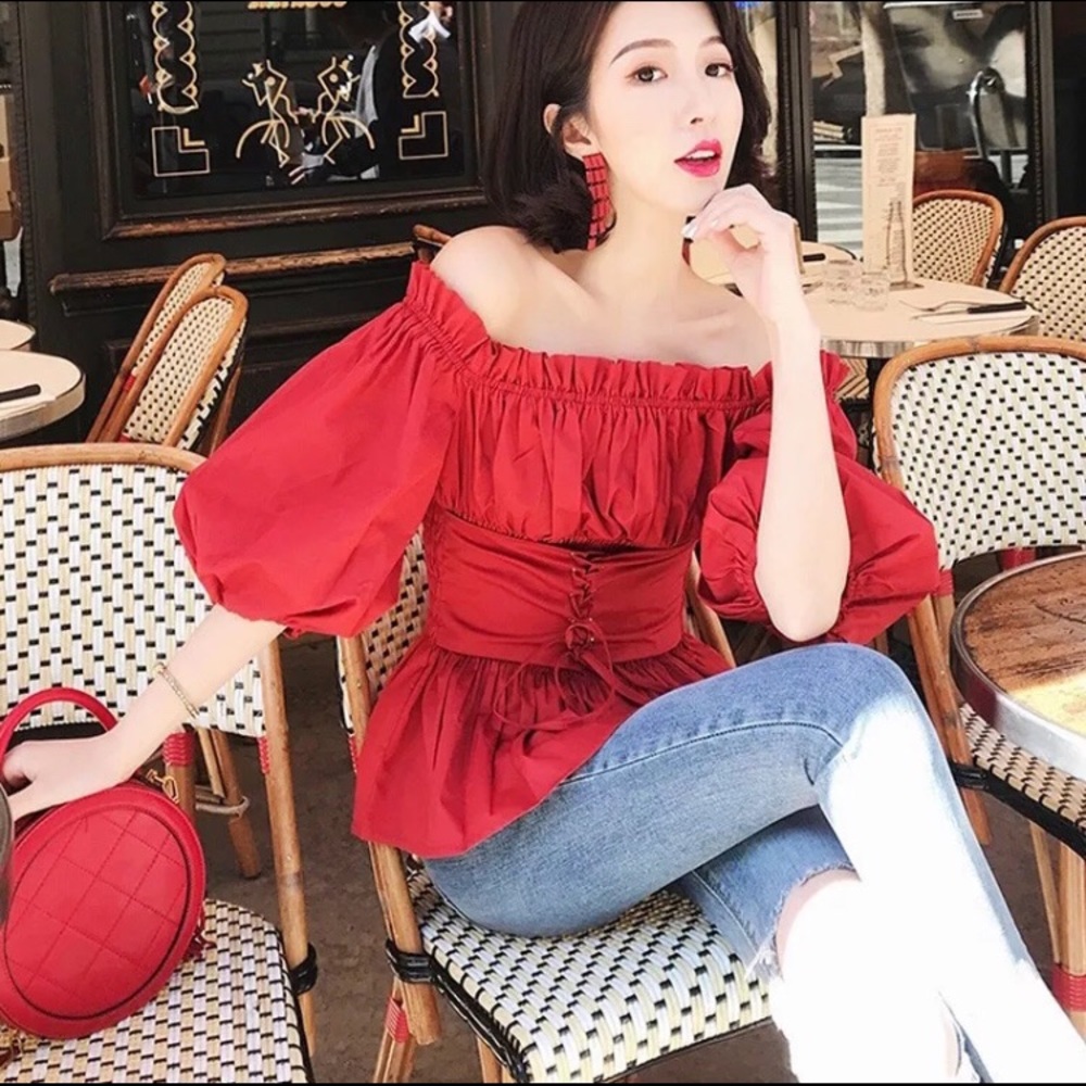 LAST 1 🌸 Off Shoulder Belted Peplum Top Blouse - Picture 5 of 6